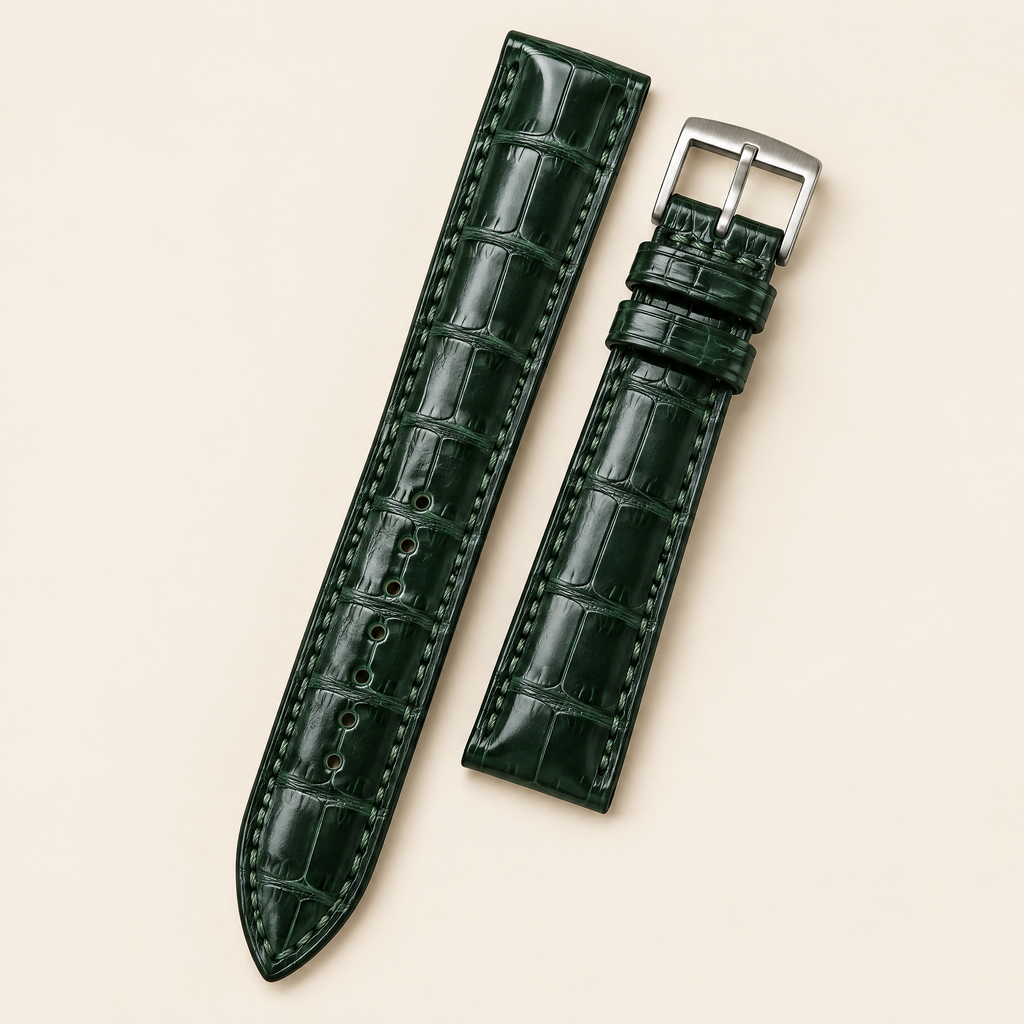 Dark Green Alligator Leather Watch Strap – Handstitched, Padded