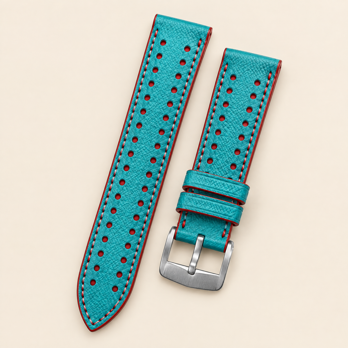 Turquoise & Red Rally Watch Strap – Handstitched Epsom Leather with Racing Holes
