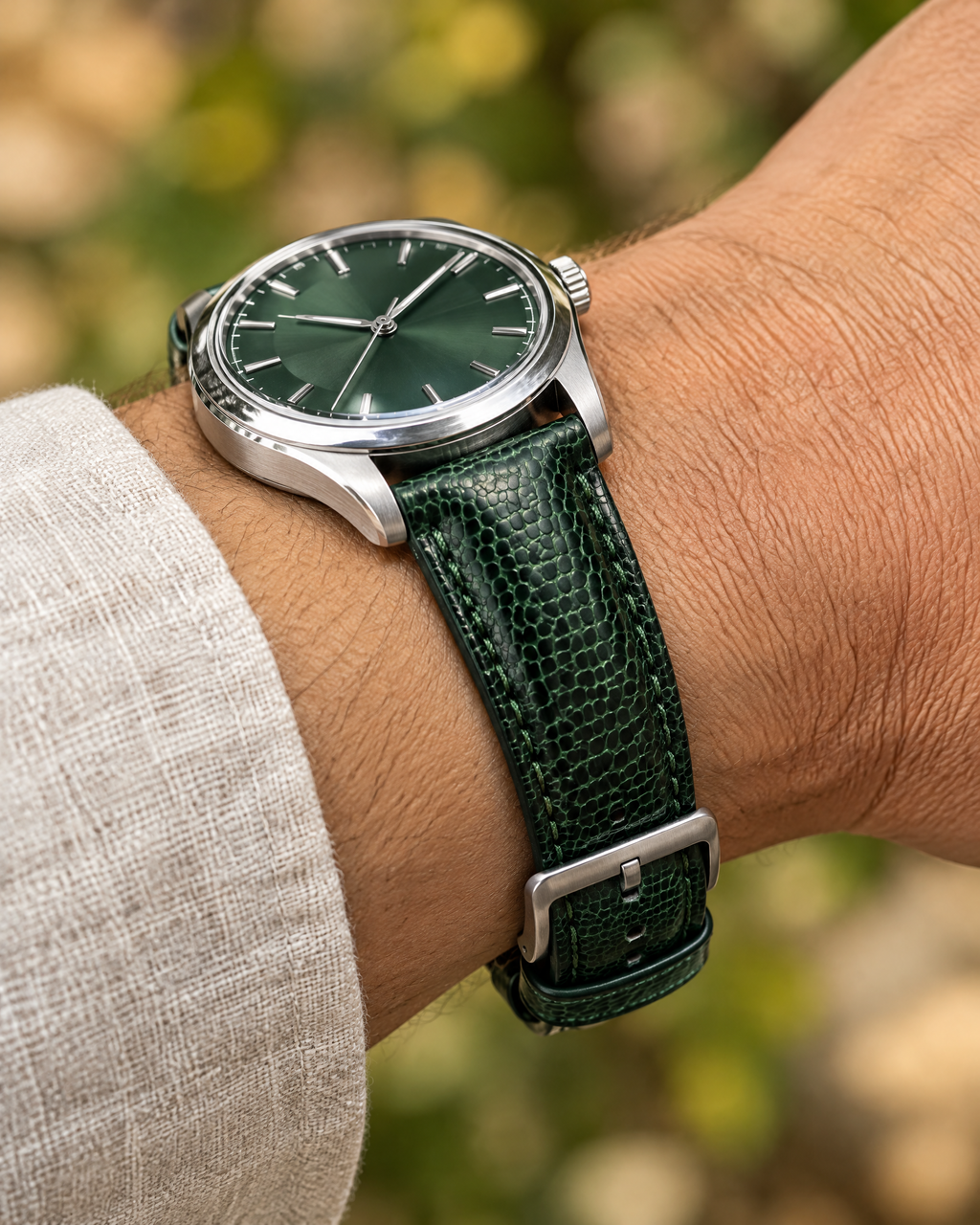 Forest Green Lizard Leather Watch Strap – Handstitched, Padded