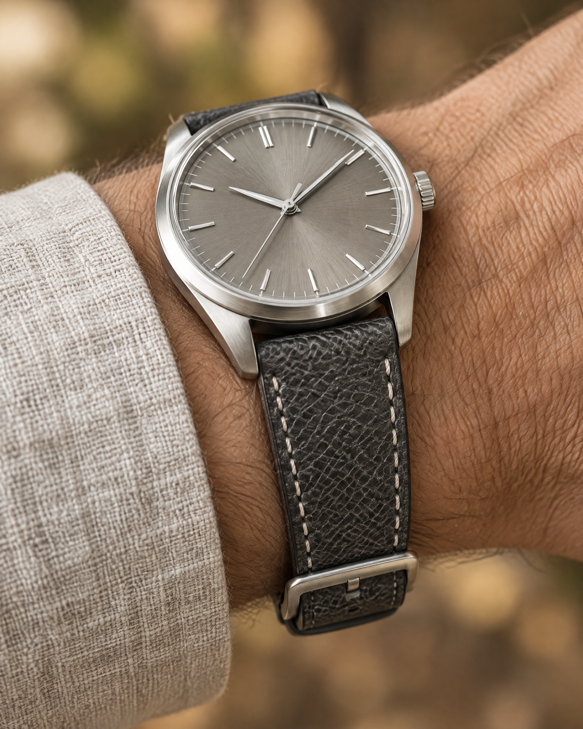 Silver Black Shark Leather Watch Strap – Handstitched