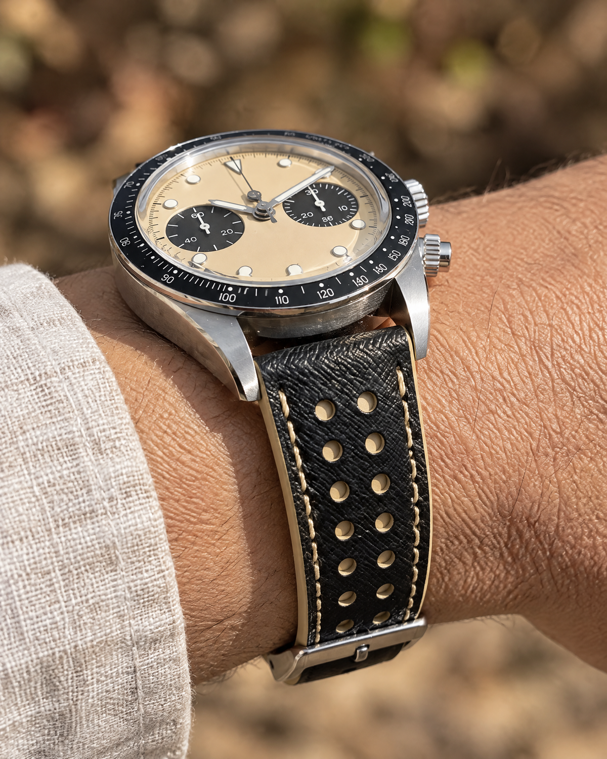 Black Beige Rally Watch Strap – Handstitched Epsom Leather with Racing Holes