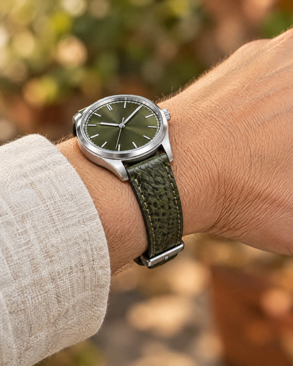 Olive Ostrich Leg Leather Watch Strap – Handstitched