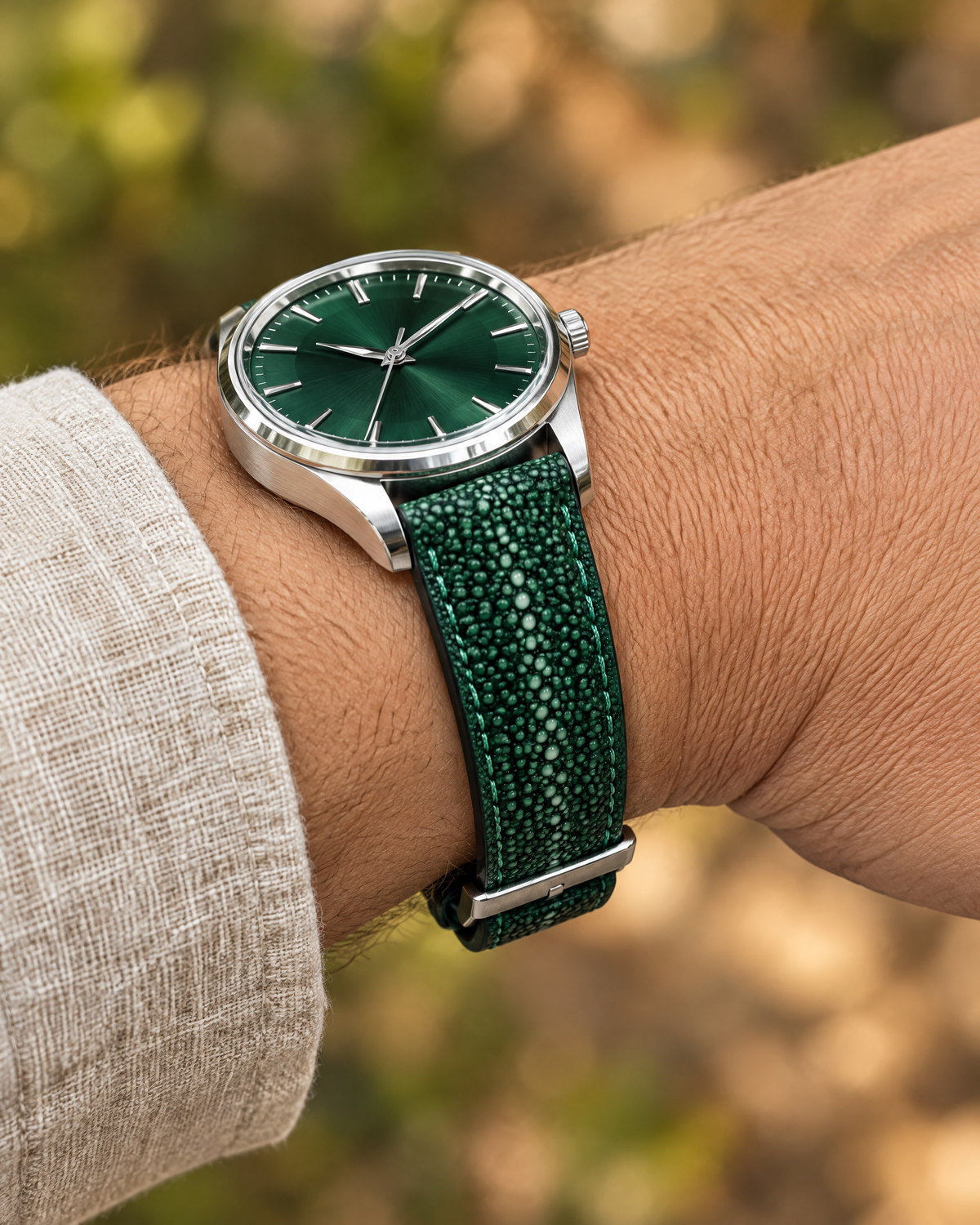 Emerald Green Stingray Leather Watch Strap – Handstitched