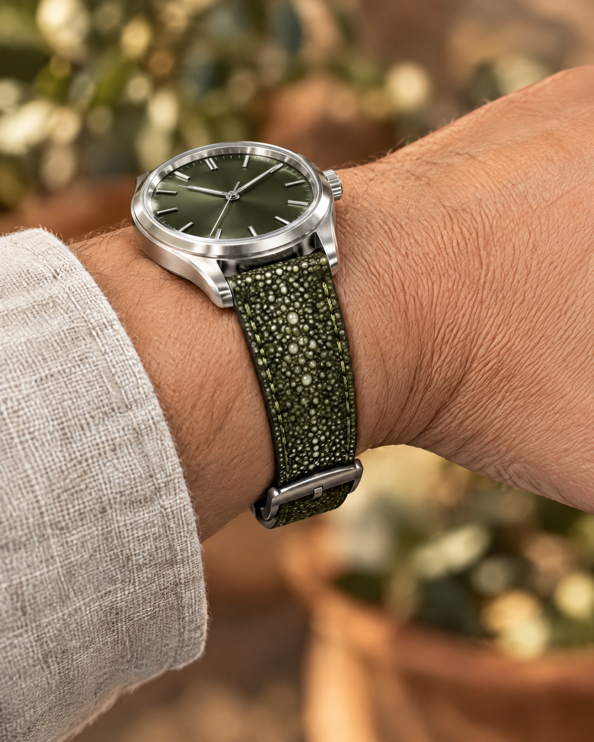 Olive Stingray Leather Watch Strap – Handstitched