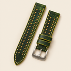 Green Rally Watch Strap – Handstitched Hand-Dyed Patina Leather with Racing Holes