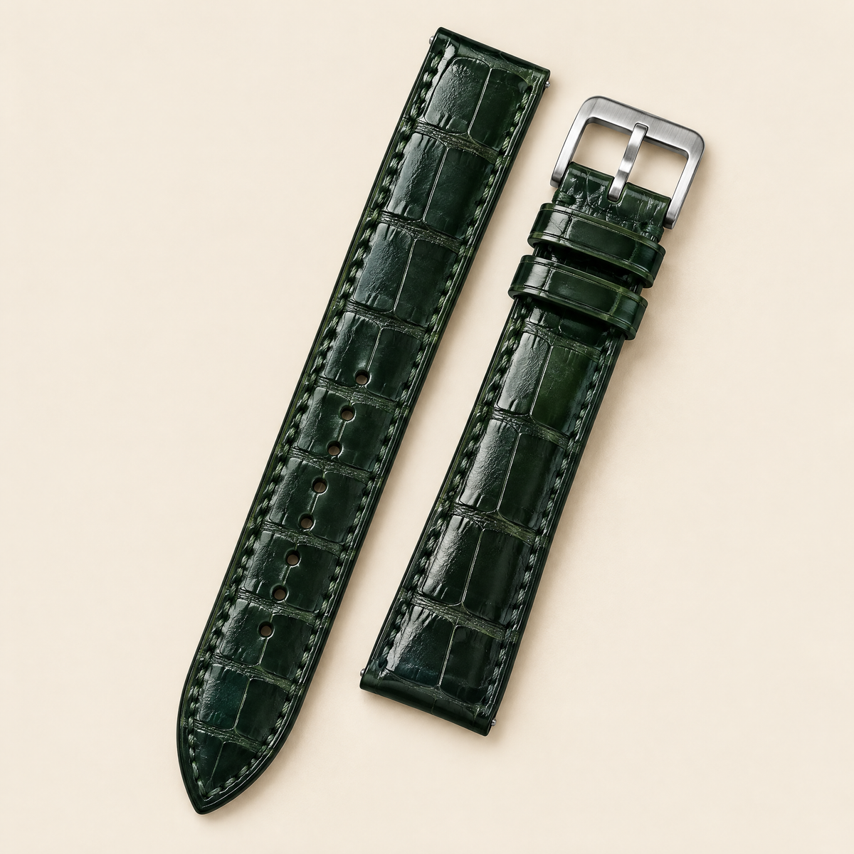Midnight Forest Green Alligator Leather Watch Strap – Handstitched