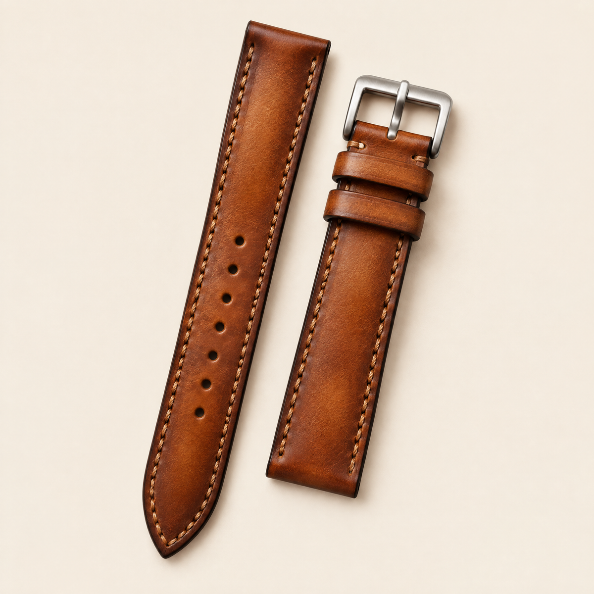 Vintage Cognac Brown Hand-Dyed Patina Leather Watch Strap Vegetable Tanned – Handstitched