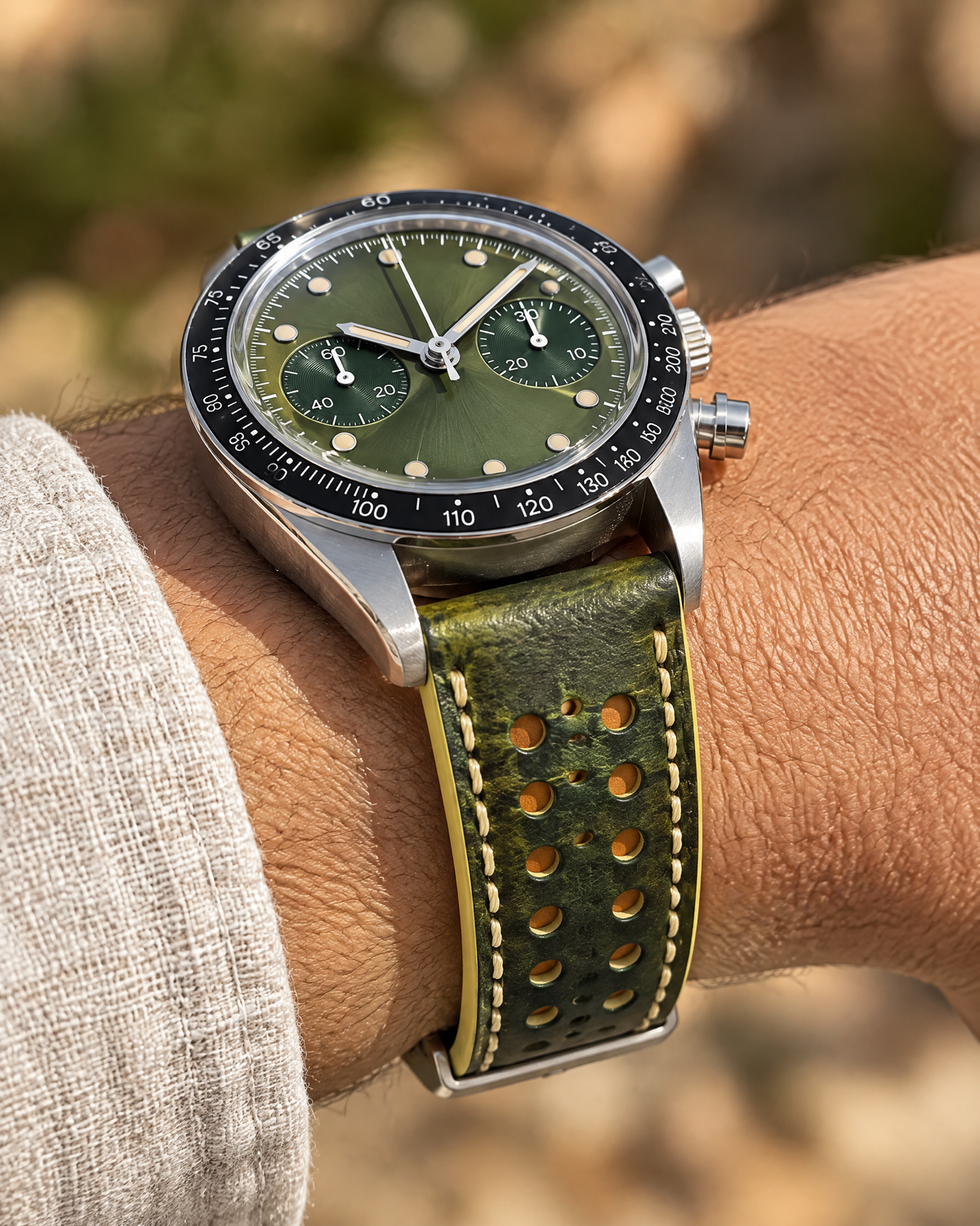 Green Rally Watch Strap – Handstitched Hand-Dyed Patina Leather with Racing Holes