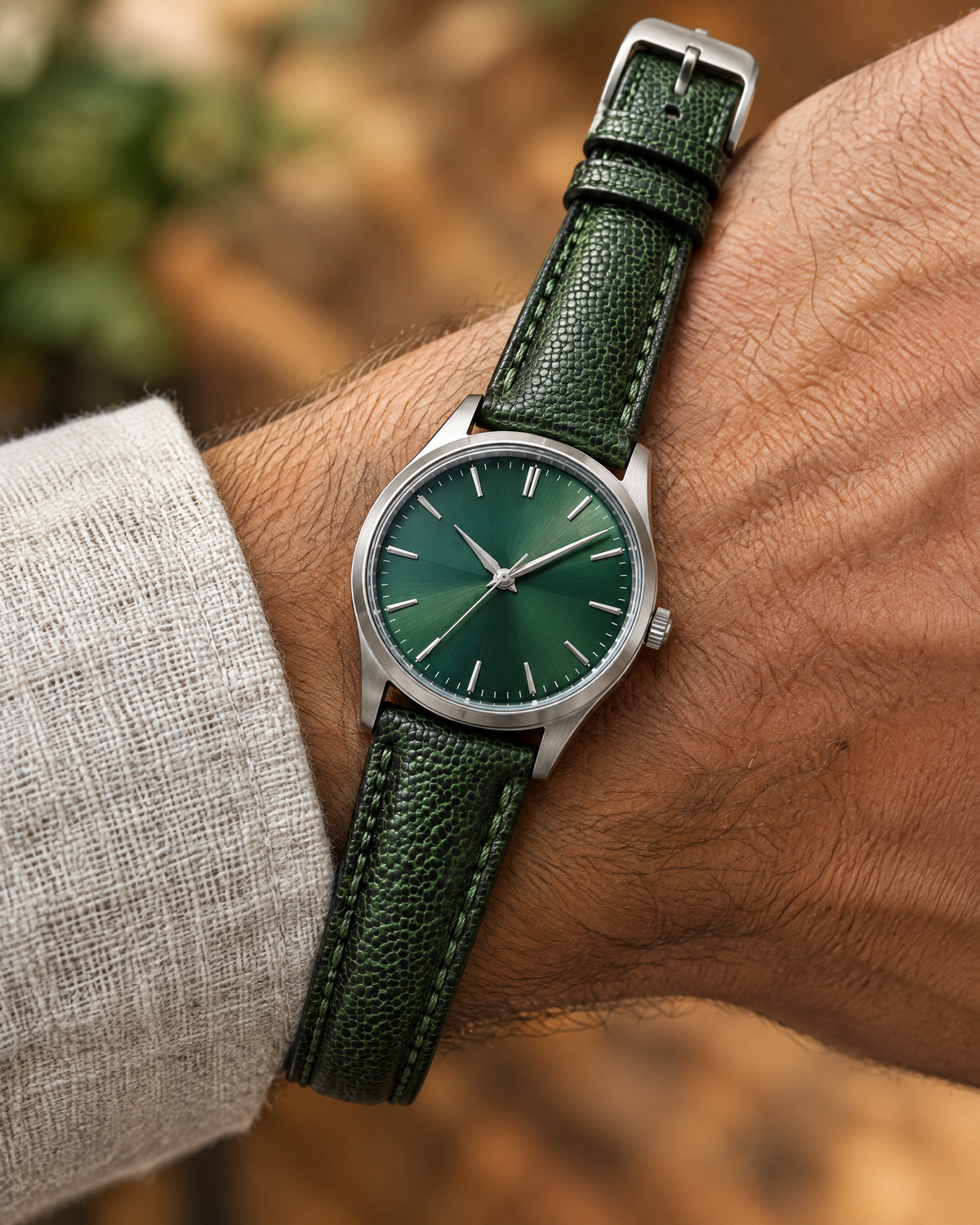 Patina Green Beaver Tail Leather Watch Strap – Handstitched, Padded