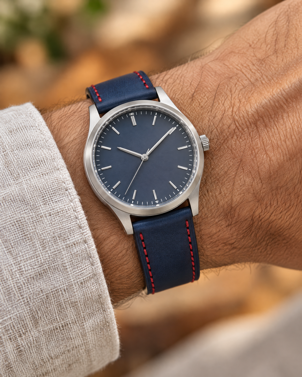 Blue Red Swift Leather Watch Strap – Handstitched