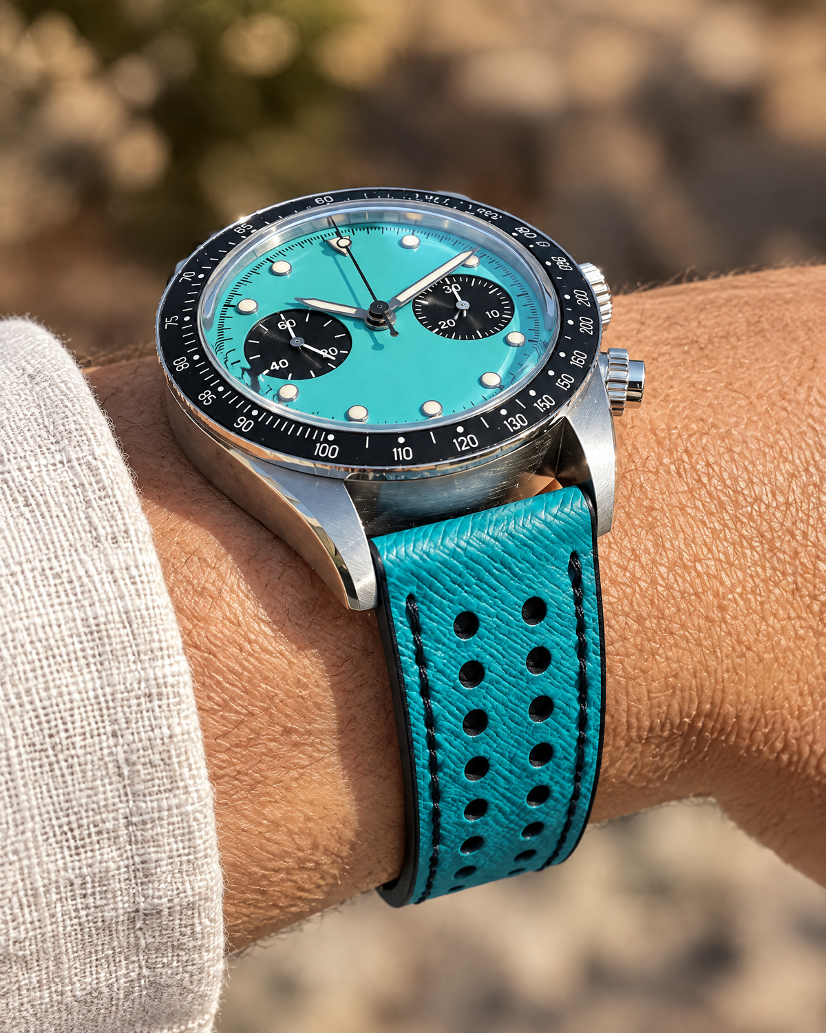 Turquoise & Black Rally Watch Strap – Handstitched Epsom Leather with Racing Holes