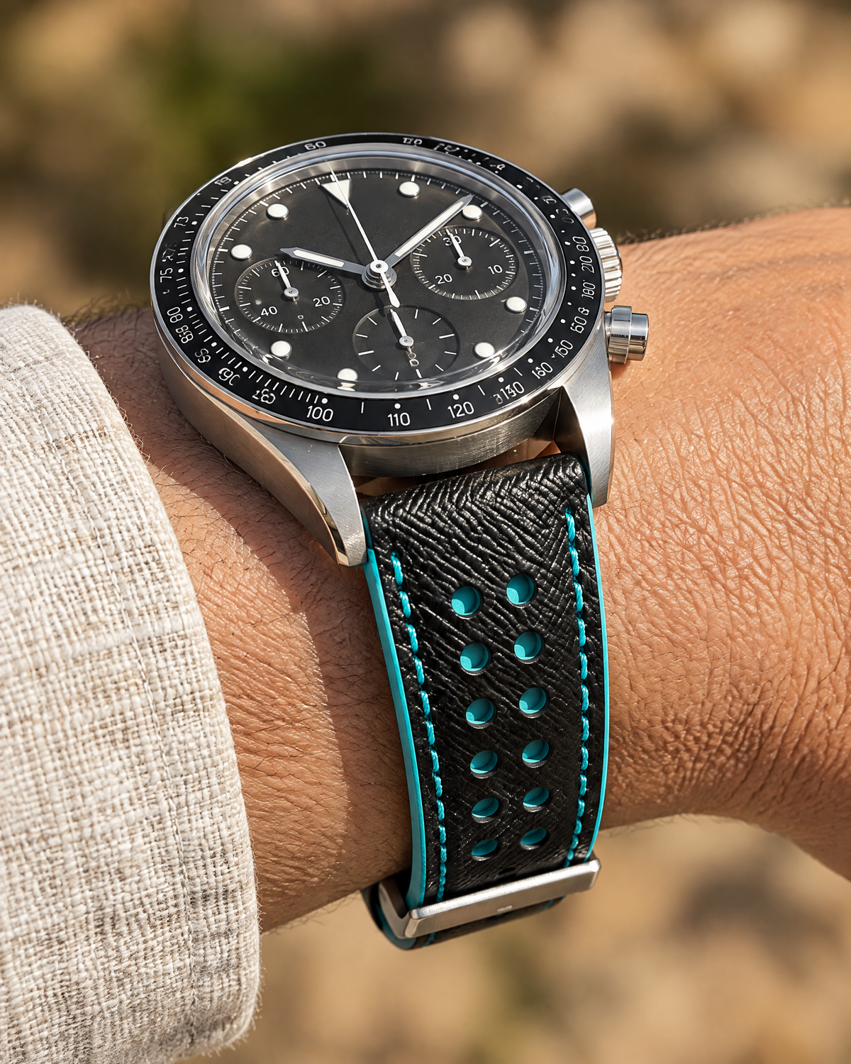 Black Turquoise Rally Watch Strap – Handstitched Epsom Leather with Racing Holes, Curved End