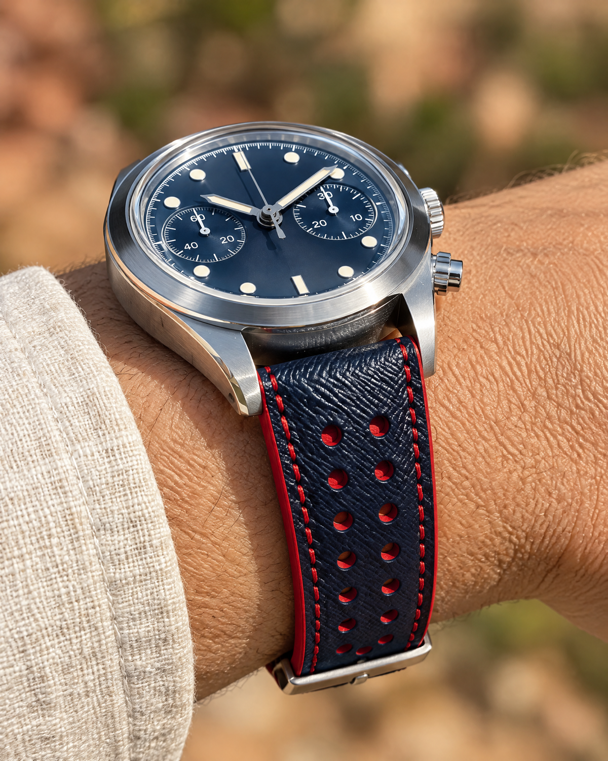 Dark Navy Red Rally Watch Strap – Handstitched Epsom Leather with Racing Holes