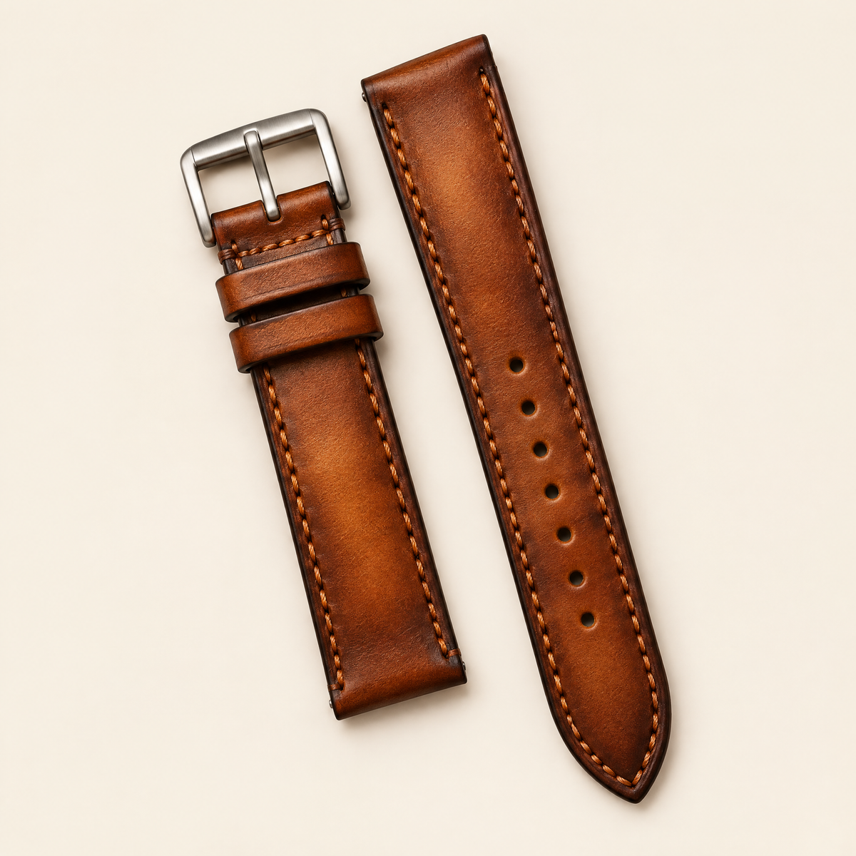 Burnished Cognac Brown Hand-Dyed Patina Leather Watch Strap – Handstitched