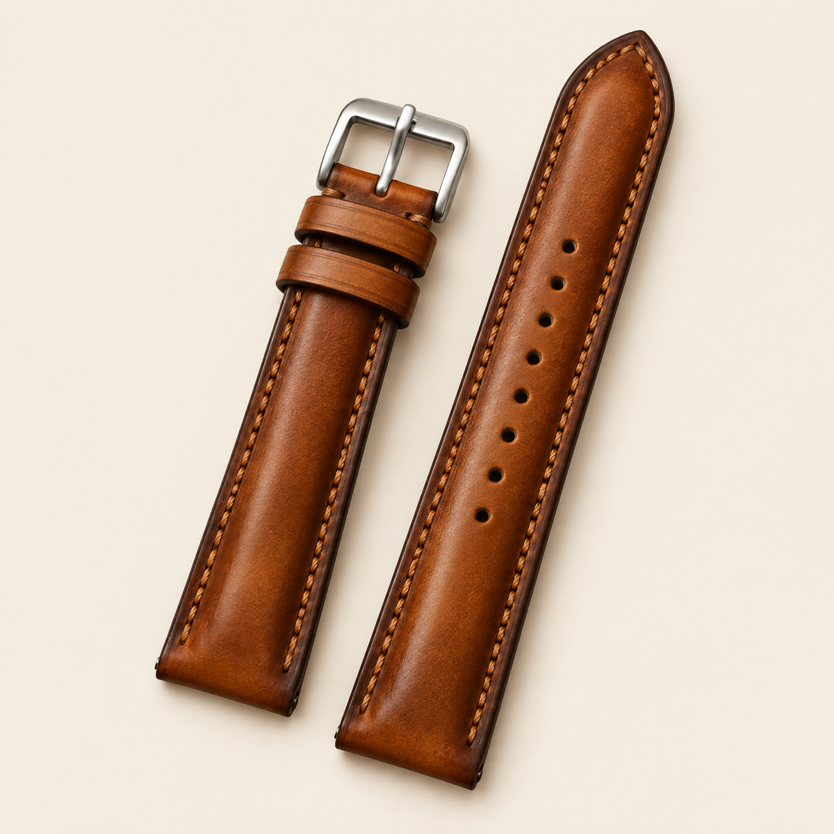 Vintage Cognac Brown Hand-Dyed Patina Leather Watch Strap – Handstitched, Padded