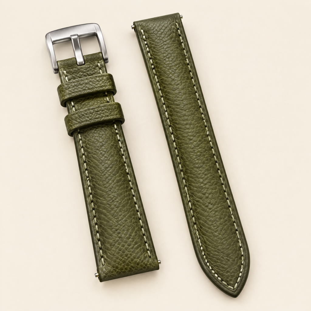 Olive Green Togo Leather Watch Strap – Handstitched, Padded