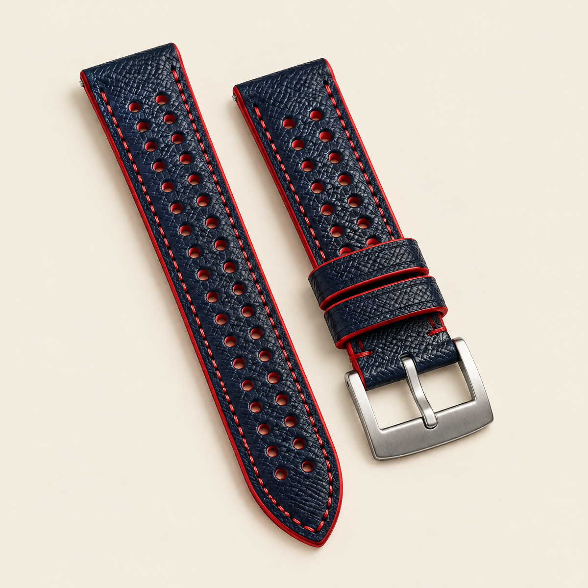 Dark Navy Red Rally Watch Strap – Handstitched Epsom Leather with Racing Holes