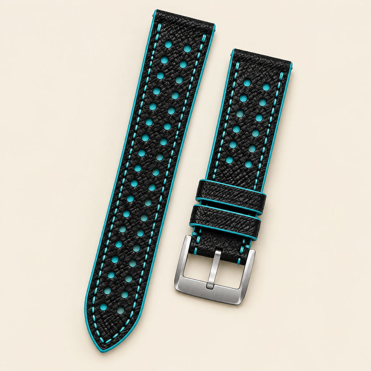 Black Turquoise Rally Watch Strap – Handstitched Epsom Leather with Racing Holes, Curved End