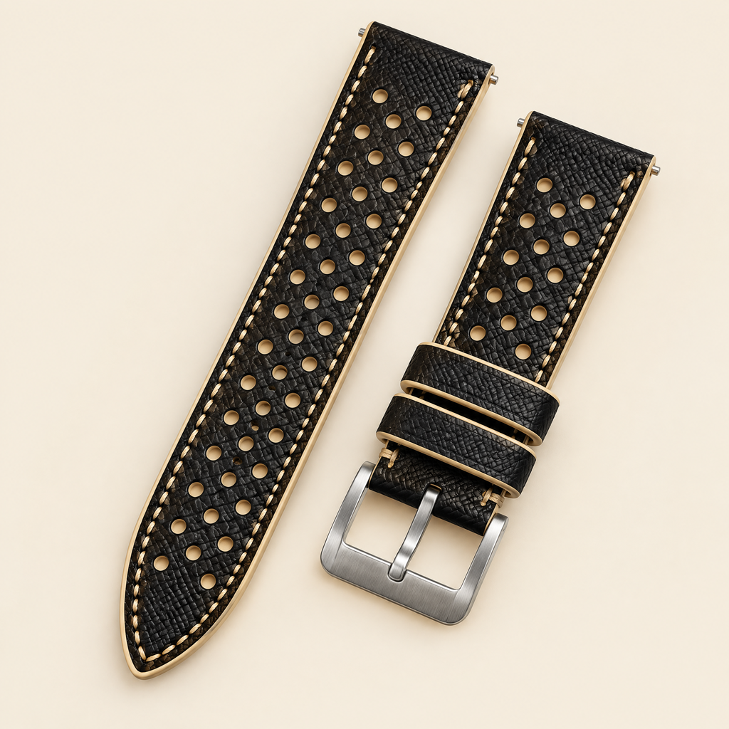 Black Beige Rally Watch Strap – Handstitched Epsom Leather with Racing Holes
