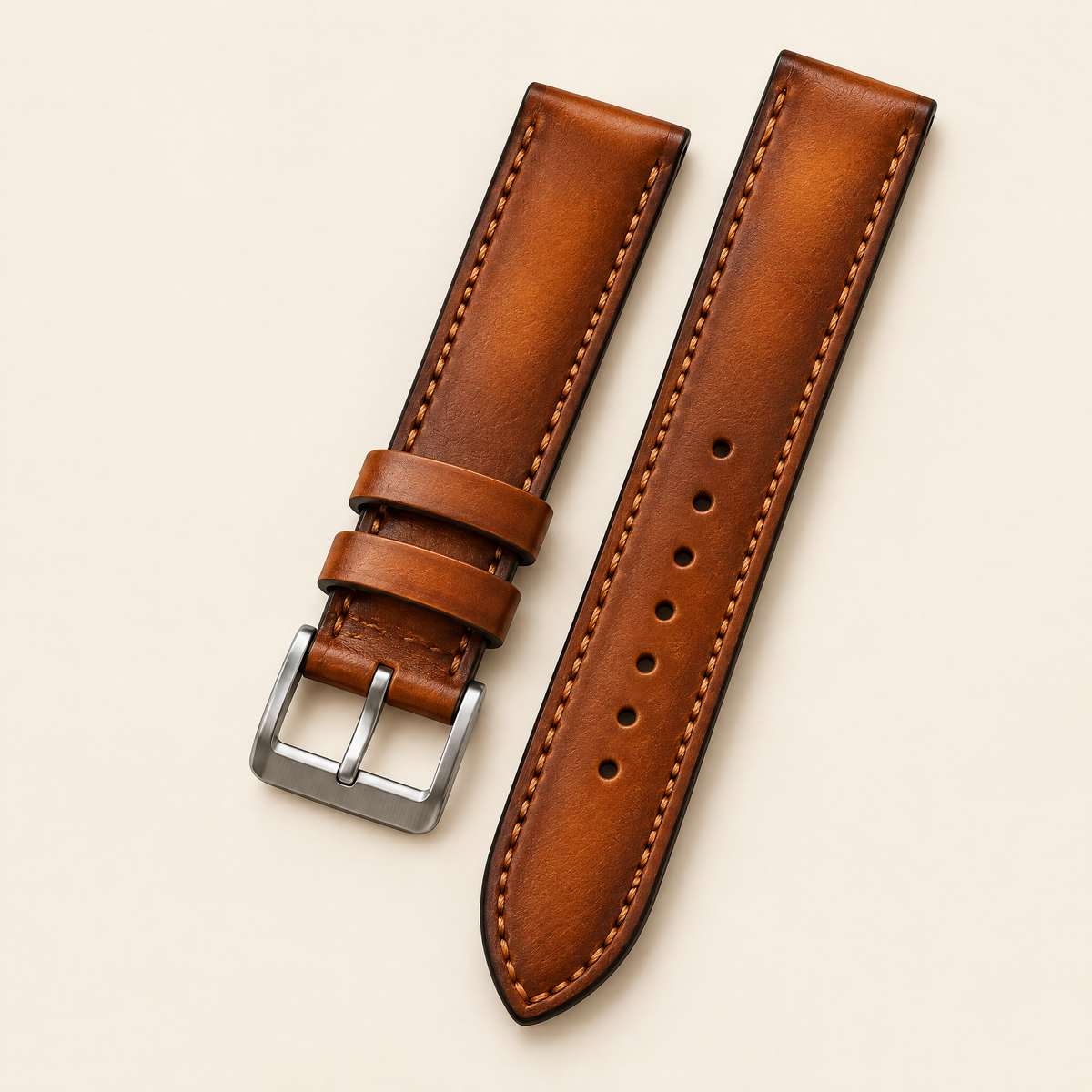 Vintage Cognac Brown Hand-Dyed Patina Leather Watch Strap Vegetable Tanned – Hand-Finished