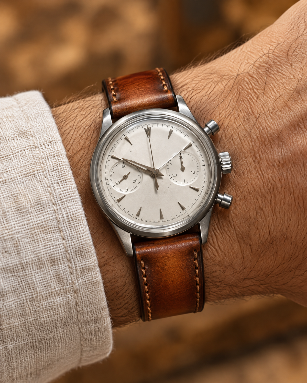 Burnished Cognac Brown Hand-Dyed Patina Leather Watch Strap – Handstitched