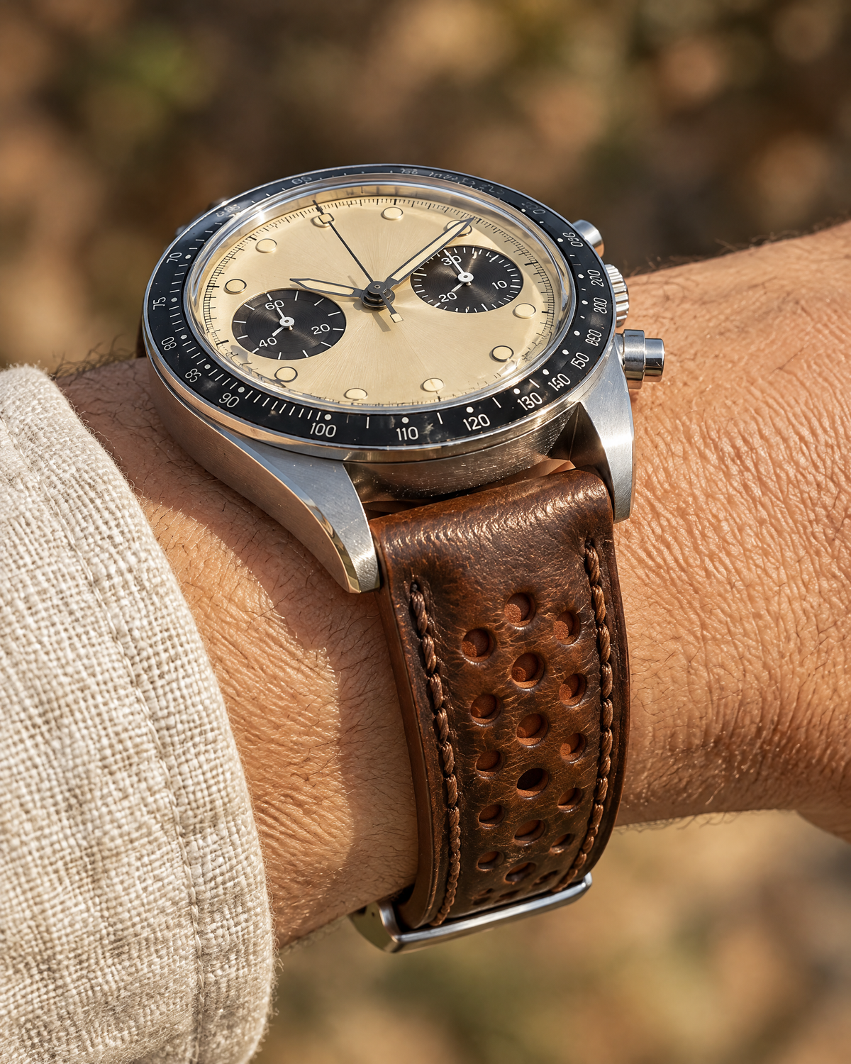Vintage Tobacco Brown Rally Watch Strap Padded – Handstitched Waxed Pull-Up Leather with Racing Holes