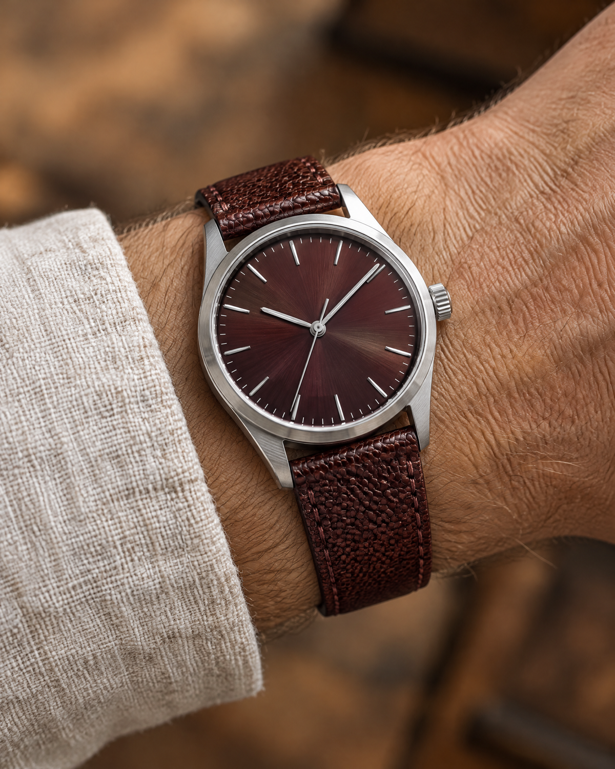 Patina Burgundy Brown Beaver Tail Leather Watch Strap – Handstitched