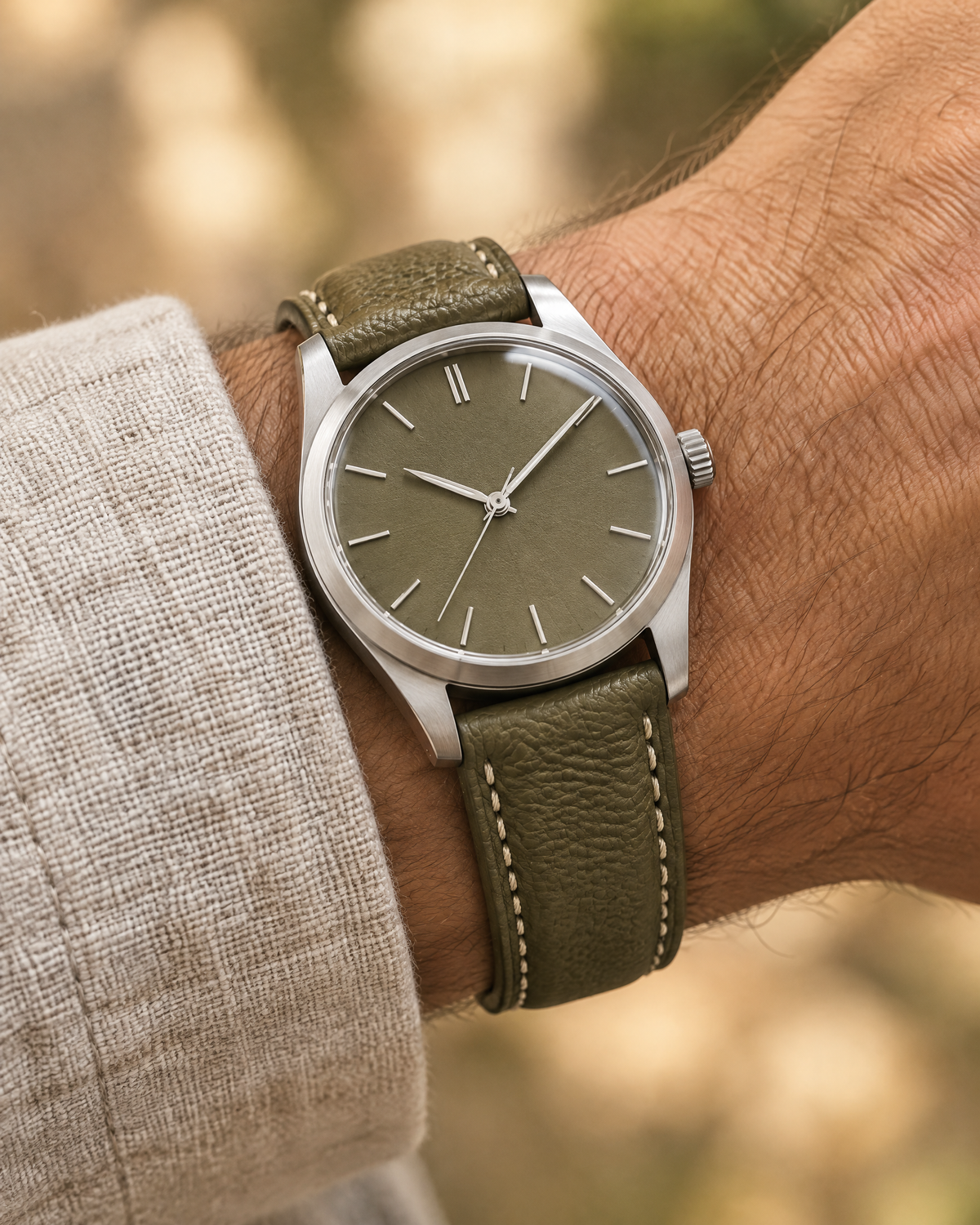 Olive Green Togo Leather Watch Strap – Handstitched, Padded