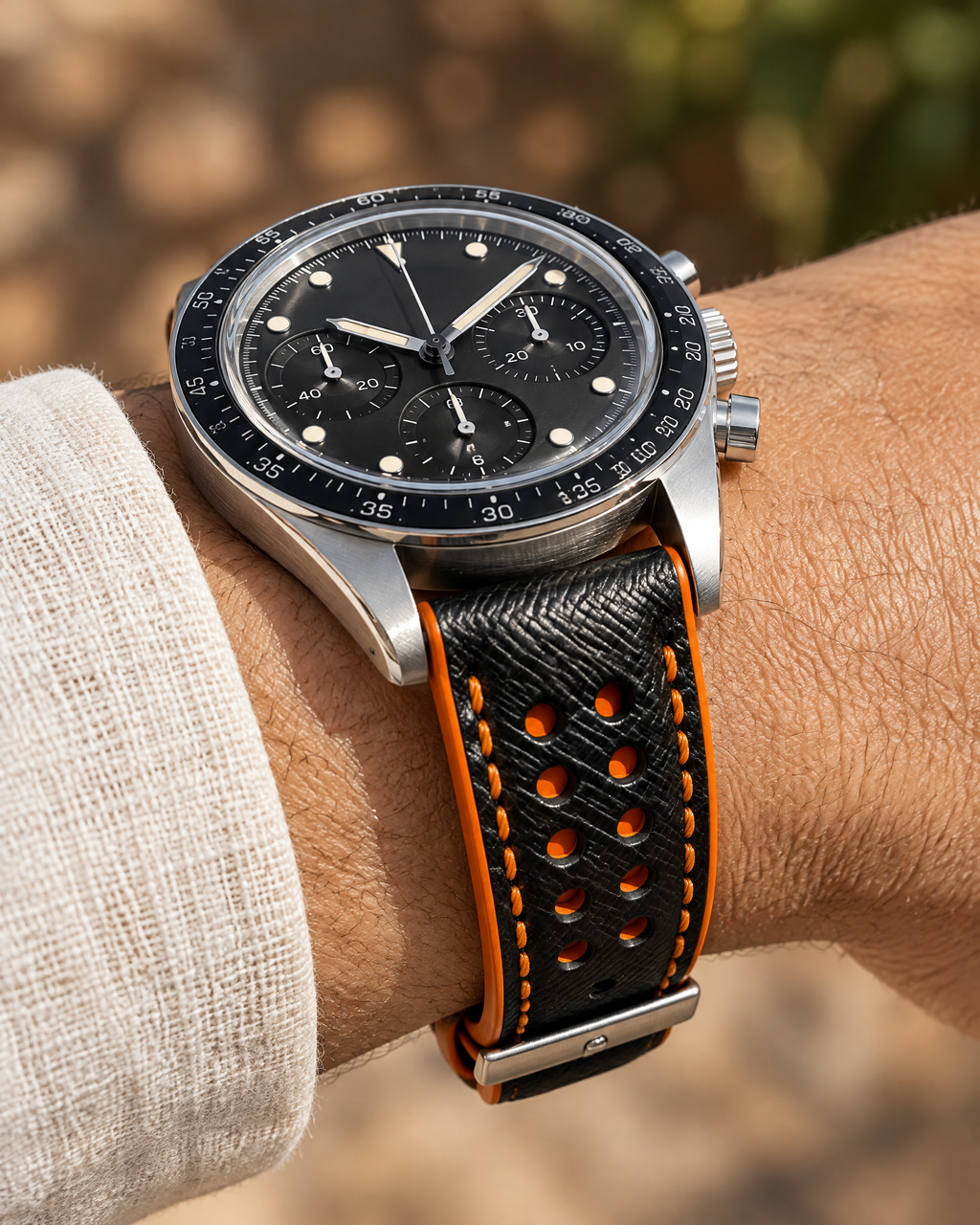 Black Orange Rally Watch Strap – Handstitched Epsom Leather with Racing Holes