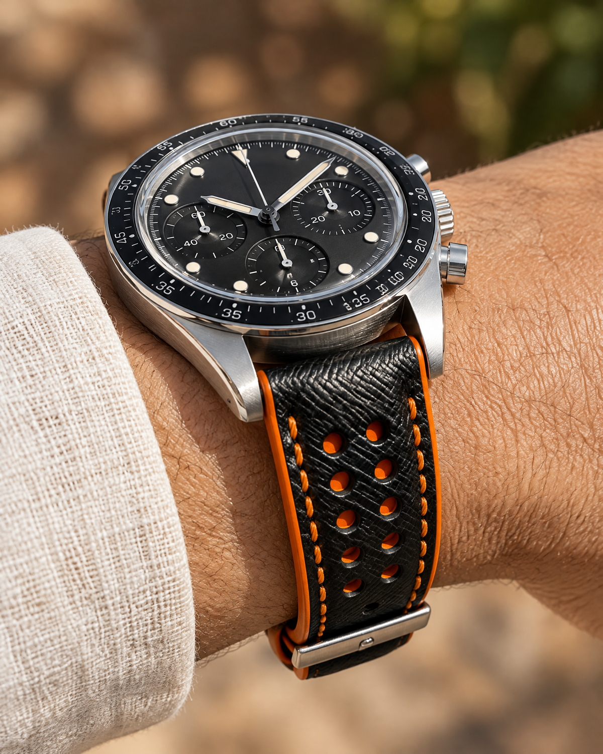 Black Orange Rally Watch Strap – Handstitched Epsom Leather with Racing Holes