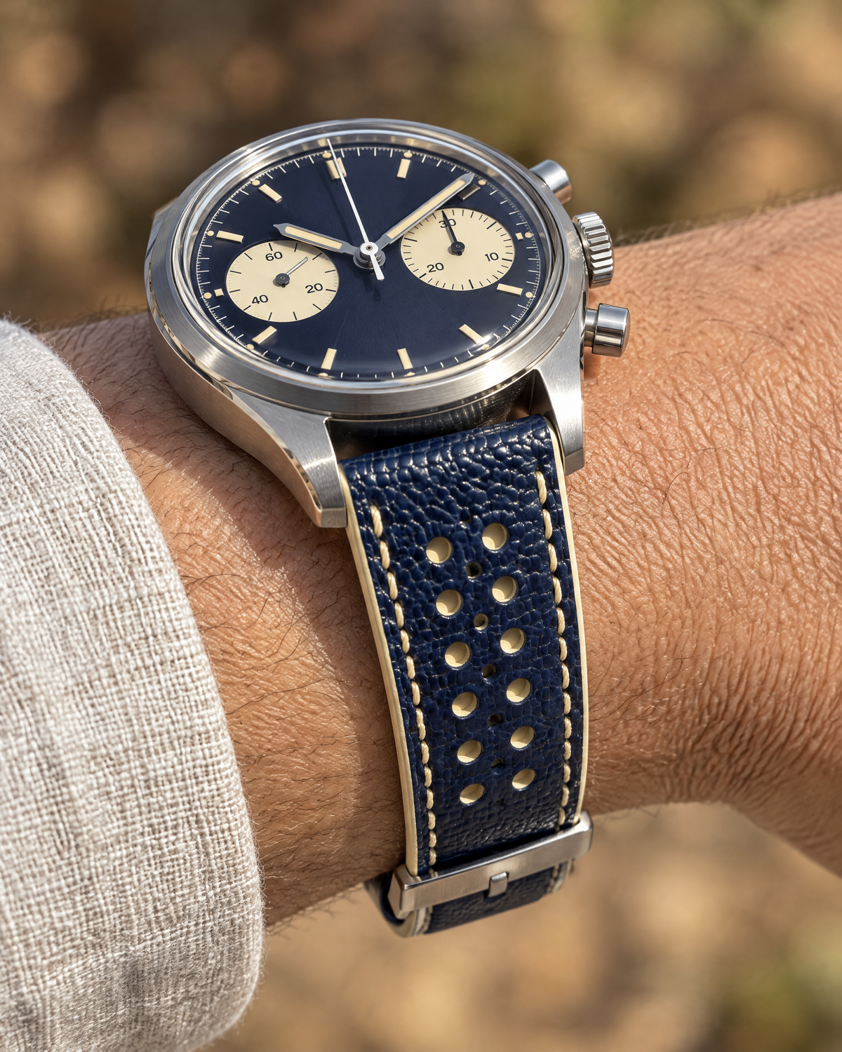 Navy & Cream Rally Watch Strap – Handstitched Lizard Leather with Racing Holes