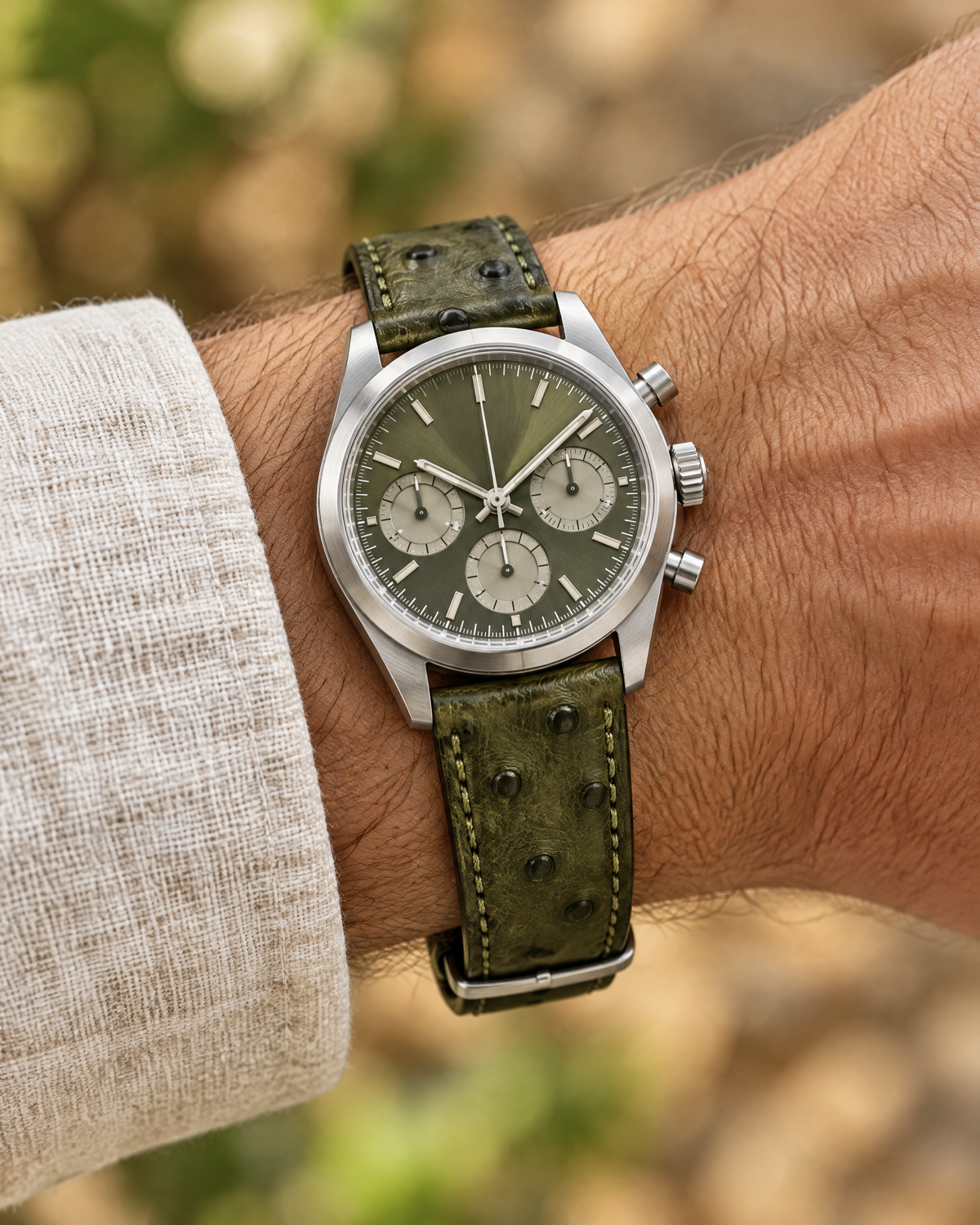 Dark Olive Green Ostrich Leather Watch Strap – Handstitched