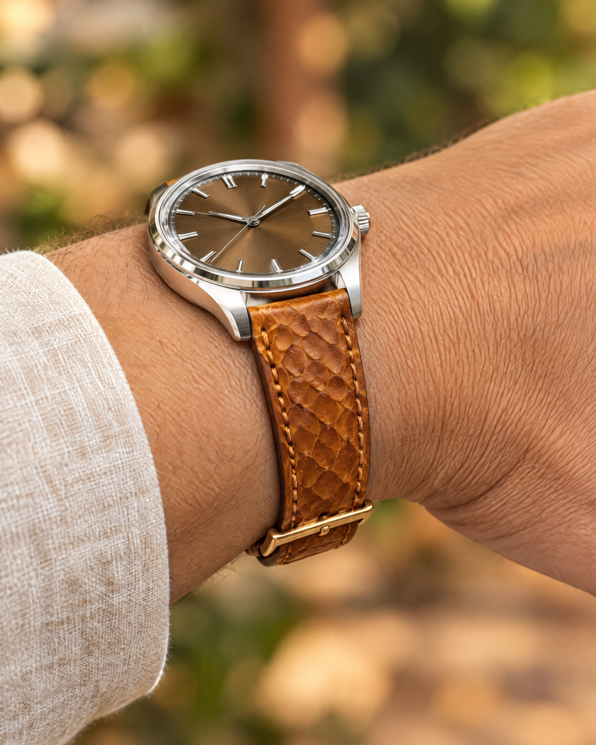 Golden Cognac Ostrich Leg Leather Watch Strap – Handstitched