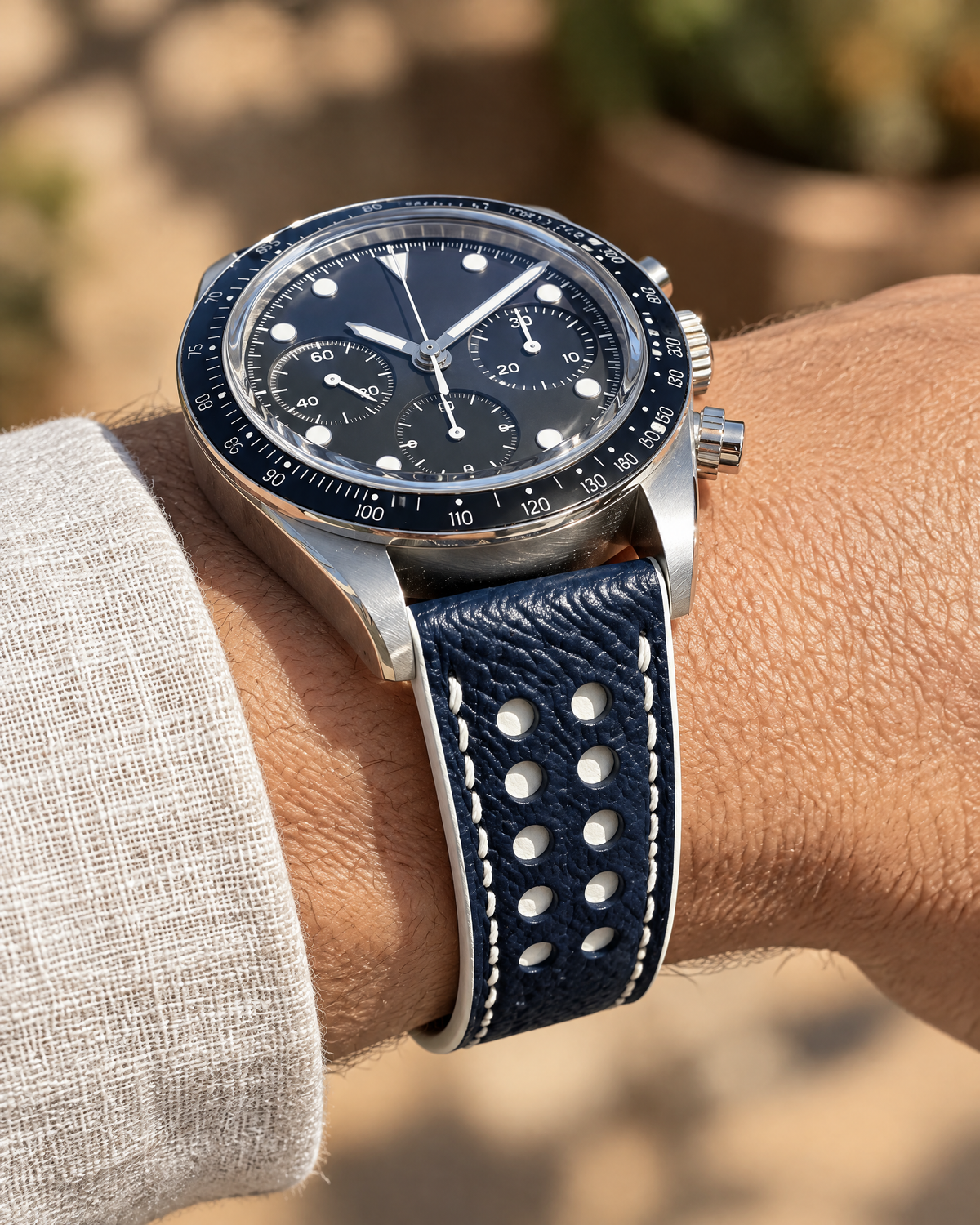 Navy & White Rally Watch Strap – Handstitched Togo Leather with Racing Holes