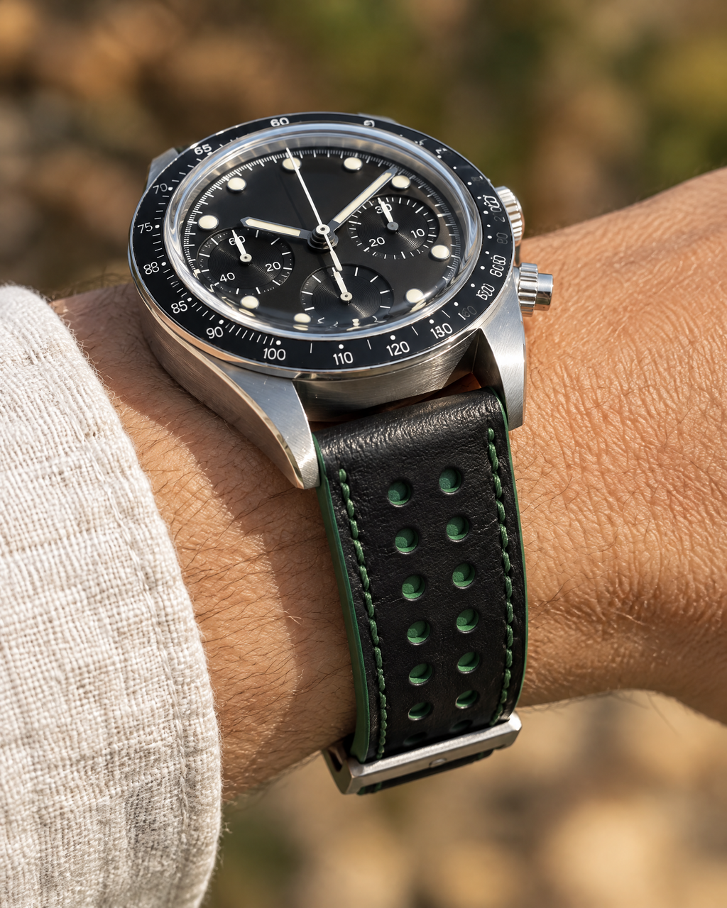 Black & Green Rally Watch Strap – Handstitched Swift Leather with Racing Holes