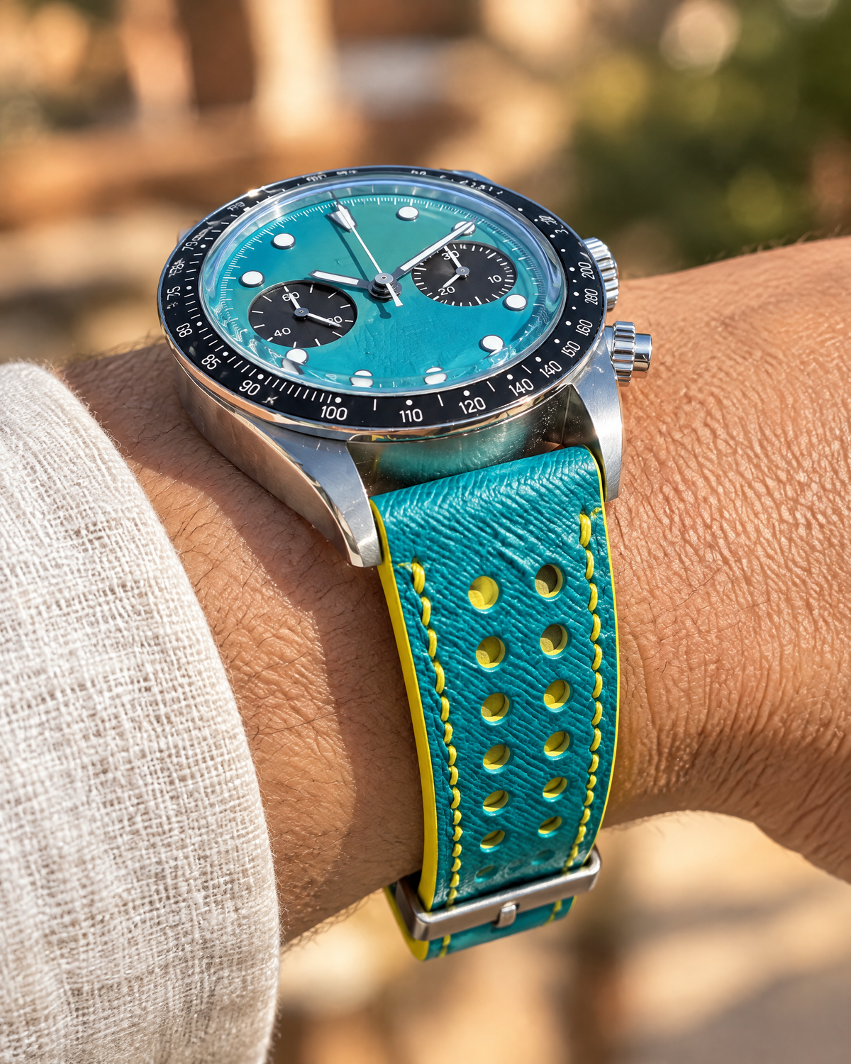 Turquoise & Yellow Rally Watch Strap – Handstitched Epsom Leather with Racing Holes