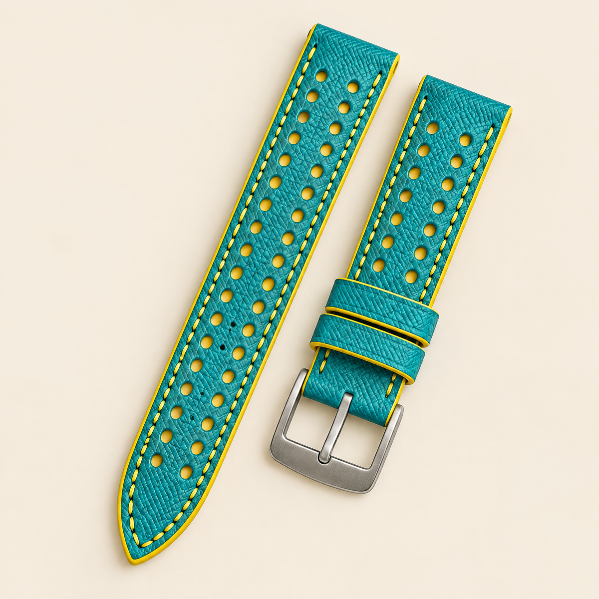 Turquoise & Yellow Rally Watch Strap – Handstitched Epsom Leather with Racing Holes