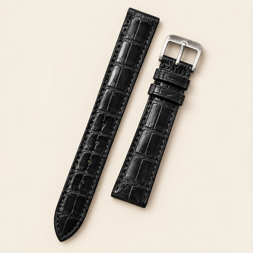 Black Alligator Leather Watch Strap – Handstitched, Curved End