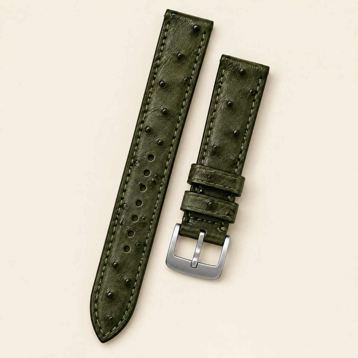 Dark Olive Green Ostrich Leather Watch Strap – Handstitched