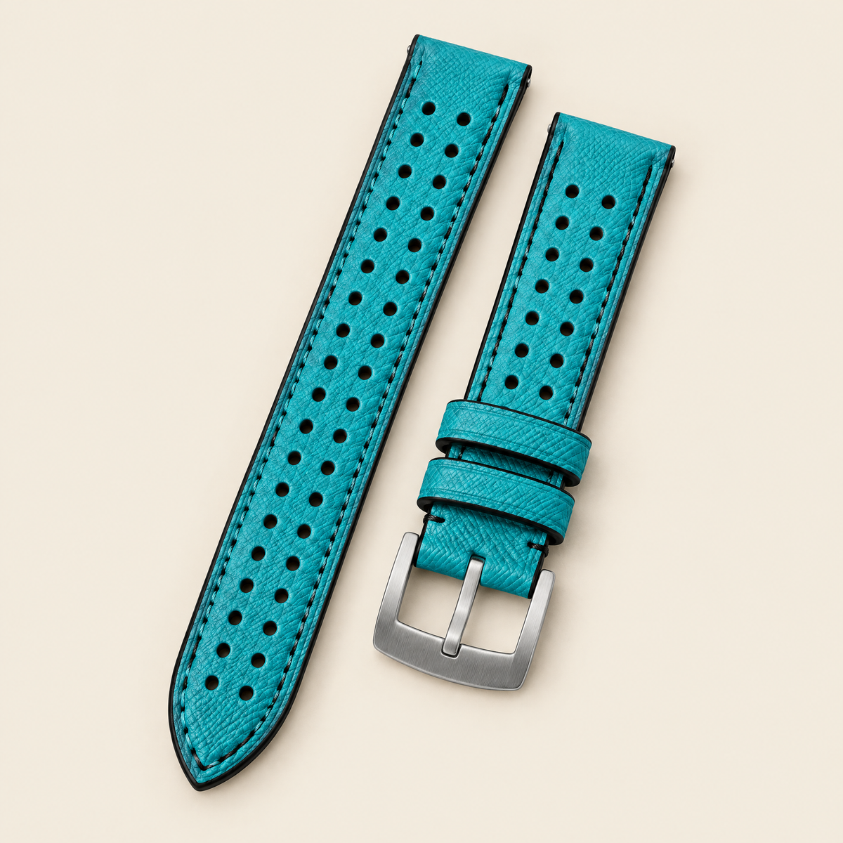 Turquoise & Black Rally Watch Strap – Handstitched Epsom Leather with Racing Holes
