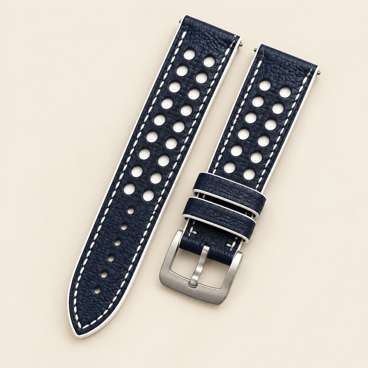 Navy & White Rally Watch Strap – Handstitched Togo Leather with Racing Holes