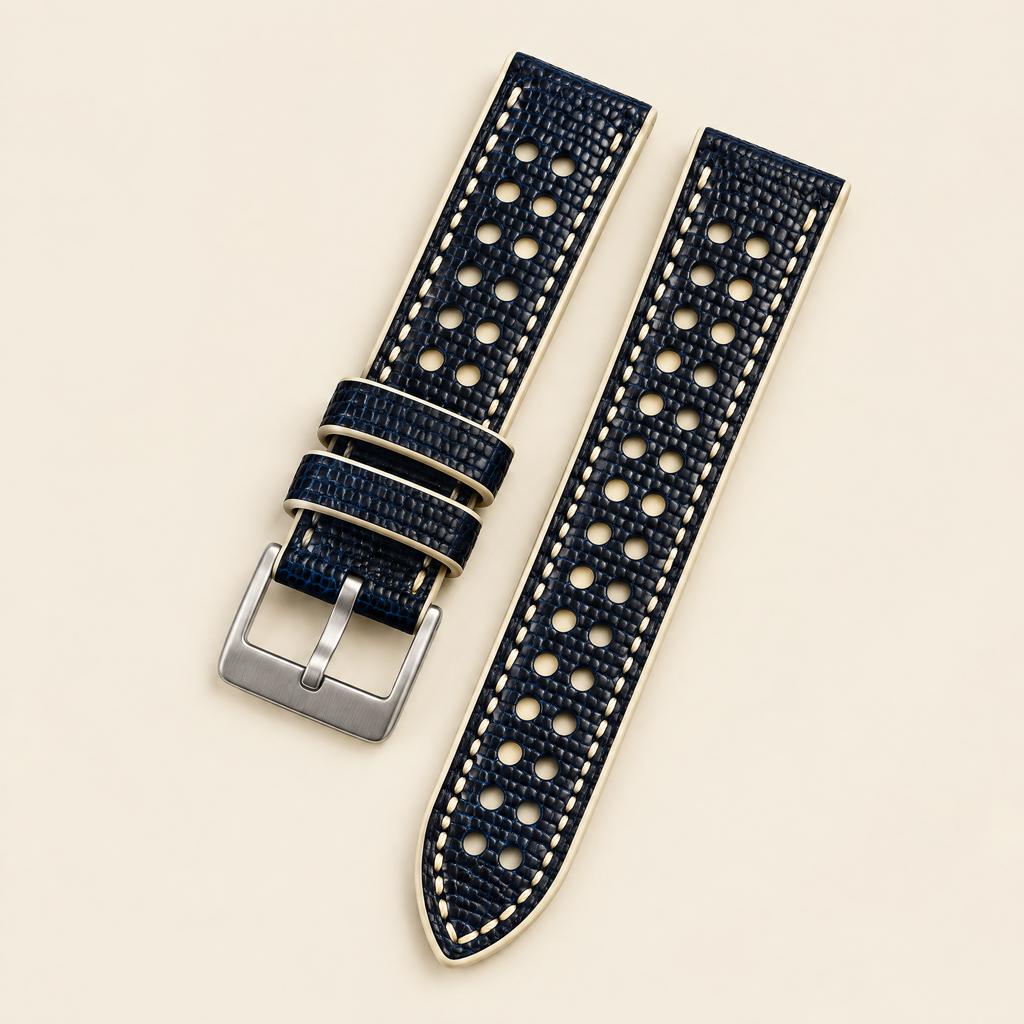 Navy & Cream Rally Watch Strap – Handstitched Lizard Leather with Racing Holes