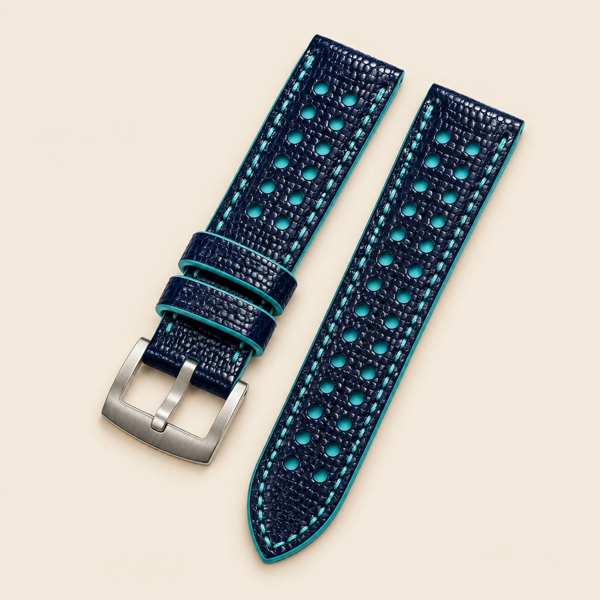 Navy & Turquoise Rally Watch Strap – Handstitched Lizard Leather with Racing Holes