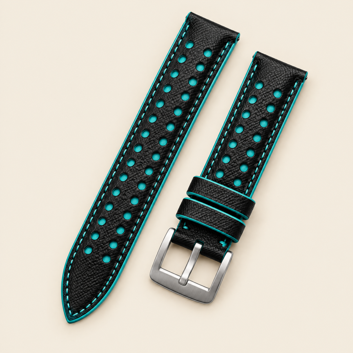 Black Turquoise Rally Watch Strap – Handstitched Epsom Leather with Racing Holes