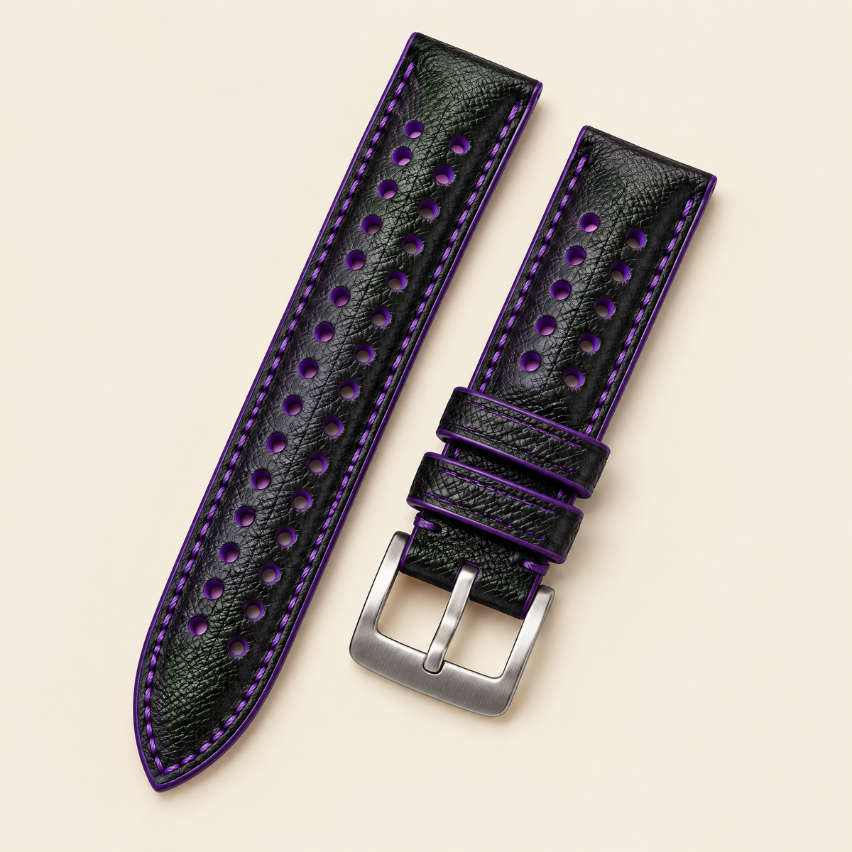 Black Purple Rally Watch Strap – Handstitched Epsom Leather with Racing Holes