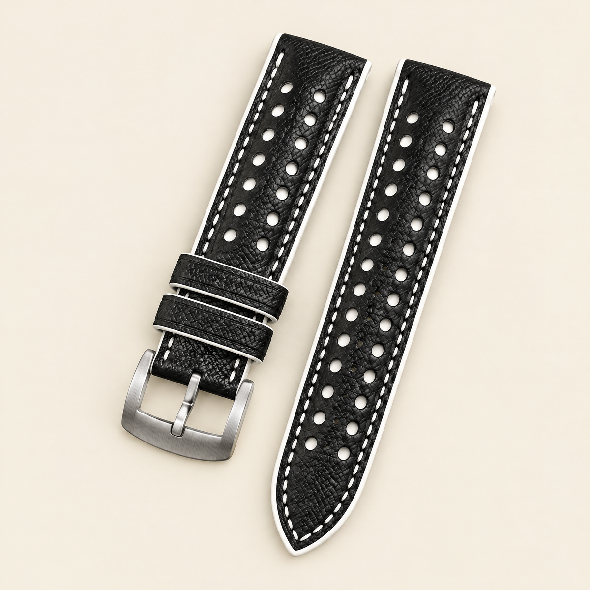 Black White Rally Watch Strap – Handstitched Epsom Leather with Racing Holes