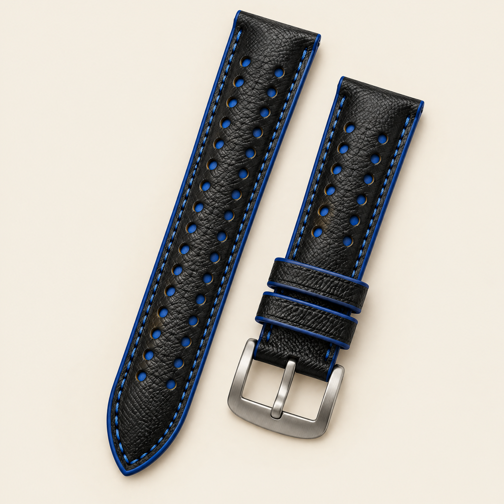 Black Blue Rally Watch Strap Padded – Handstitched Epsom Leather with Racing Holes
