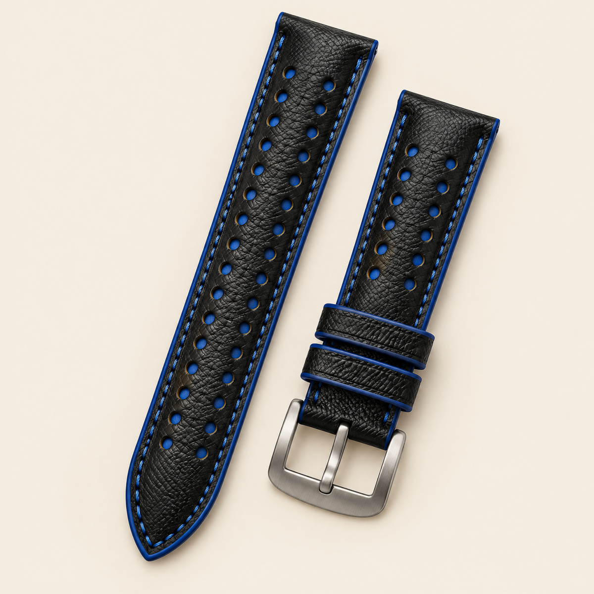 Black Blue Rally Watch Strap Padded – Handstitched Epsom Leather with Racing Holes