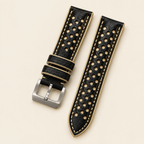 Black Cream Beige Rally Watch Strap – Handstitched Epsom Leather with Racing Holes