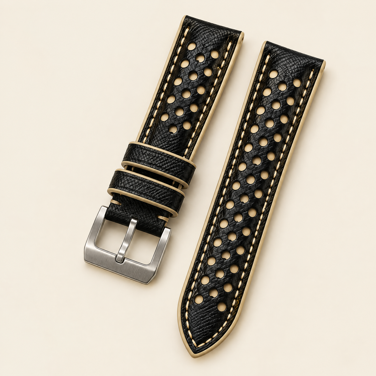 Black Cream Beige Rally Watch Strap – Handstitched Epsom Leather with Racing Holes
